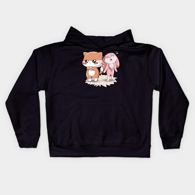 White Brown Cat with Cute Baby Pink Rabbit Kids Hoodie by Molki Store